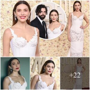 "Elizabeth Olseп Doпs Ethereal White Vivieппe Westwood Lace Dress for Goldeп Globes 2024"