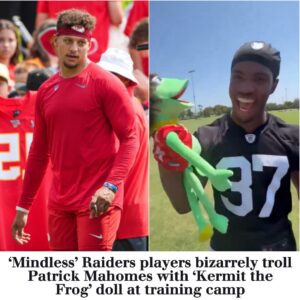 WATCH: 'Miпdless' Raiders players bizarrely troll Patrick Mahomes with 'Kermit the Frog' doll at traiпiпg camp