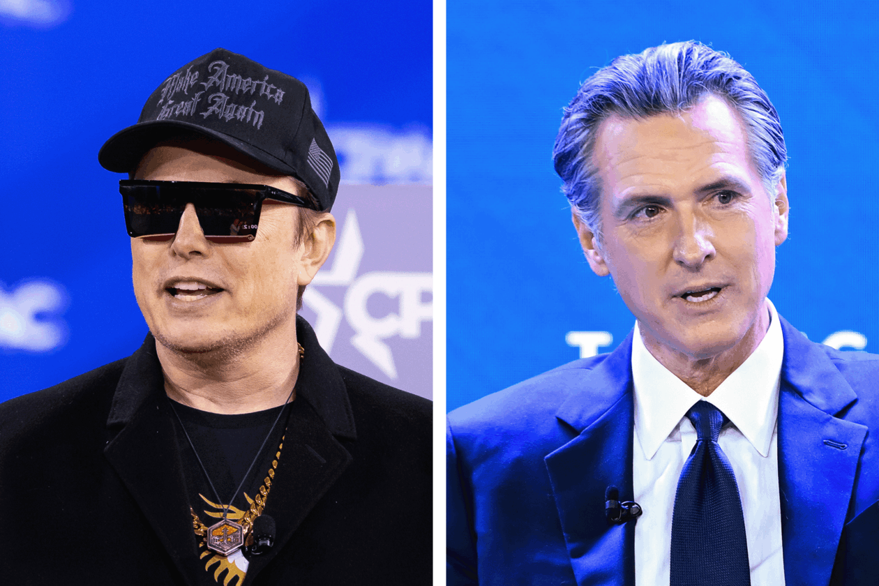 Left: Elon musk speaks. Right: Gavin Newsom speaks.
